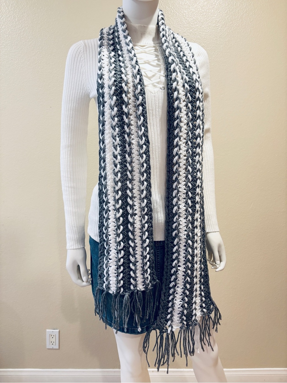 Handmade Knitted Scarf Grey White Fringe Festival Coquette Fairycore Soft Girl